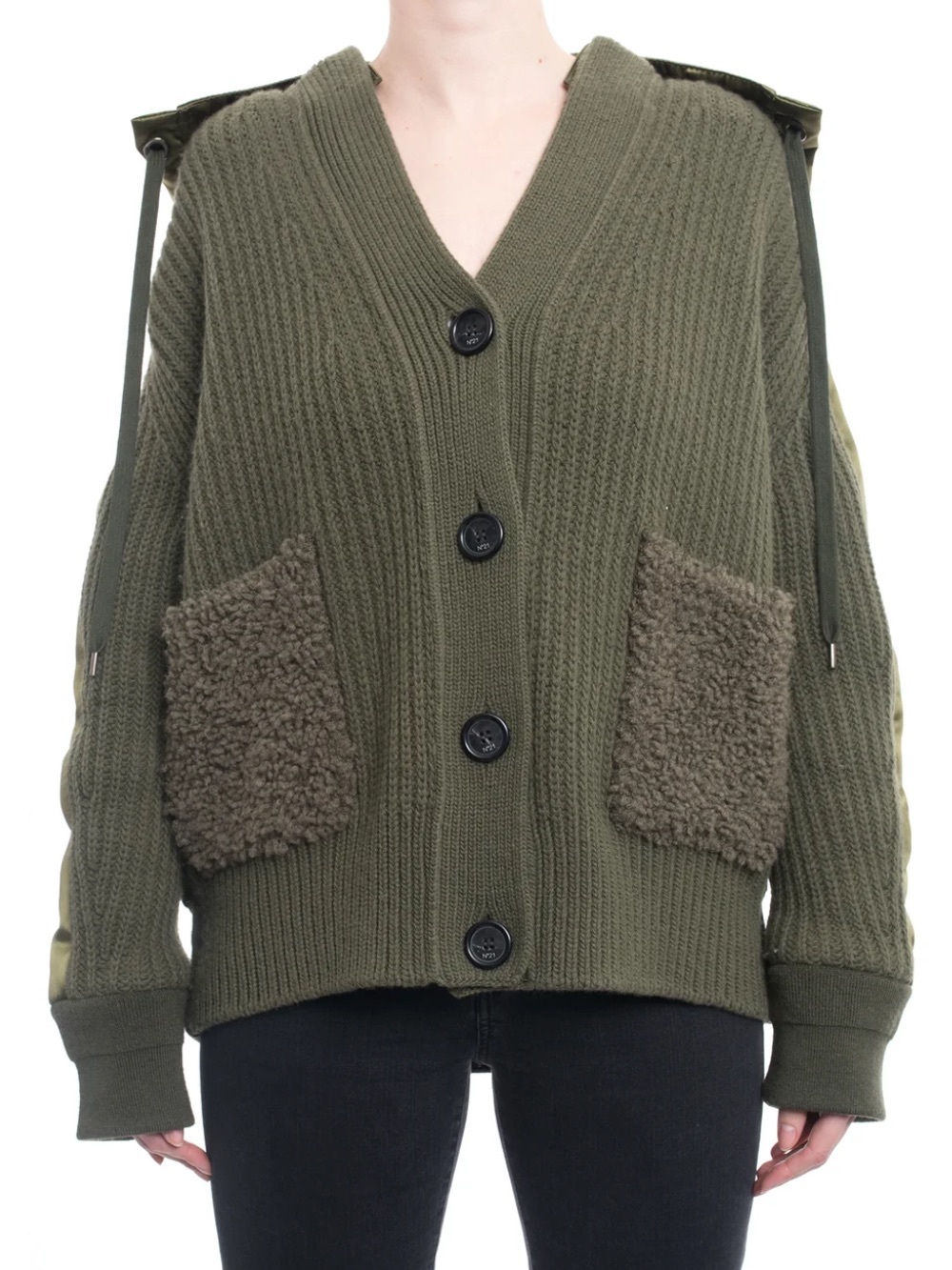 No. 21 Spring 2018 Olive Green Knit and Satin Hooded Jacket Size 46